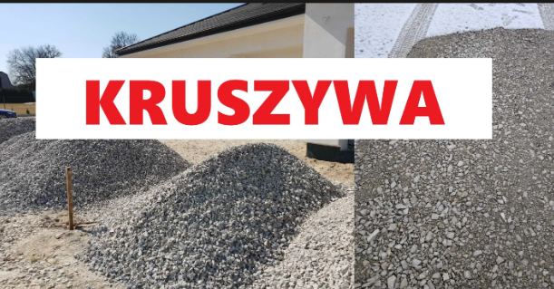 Grafika w formie poziomego baneru reklamowego, podzielona pionowo na dwie części prezentujące materiały budowlane. Po lewej stronie widoczne są duże pryzmy szarego tłucznia lub żwiru wysypane na placu budowy przed nowo wznoszonym domem jednorodzinnym. Po prawej stronie przedstawiono zbliżenie na strukturę rozsypanego drobnego kruszywa kamiennego, nad którym w tle widać zaśnieżony grunt z odciśniętymi śladami opon. W centralnej części grafiki, na szerokim białym pasie, umieszczony jest duży, pogrubiony napis w kolorze czerwonym: „KRUSZYWA”.