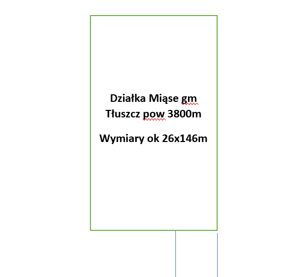Grafika przedstawia uproszczony, pionowy schemat działki na białym tle, obwiedziony zieloną linią w kształcie prostokąta. Wewnątrz konturu umieszczono czarny, wyśrodkowany napis w trzech linijkach: „Działka Miąse gm Tłuszcz pow 3800m Wymiary ok 26x146m” (skróty „gm” oraz „pow” są podkreślone czerwoną, falowaną linią sugerującą autokorektę tekstu). Od dolnej krawędzi zielonego prostokąta odchodzą w dół dwie pionowe, cienkie linie w kolorze jasnoniebieskim, sugerujące przebieg drogi dojazdowej lub granic sąsiedniej parceli.